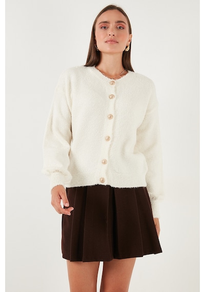 Lela Premium Regular Fit Bisiklet Yaka Yumuşak Dokulu Bayan Hırka 680Hi00147 Ekru