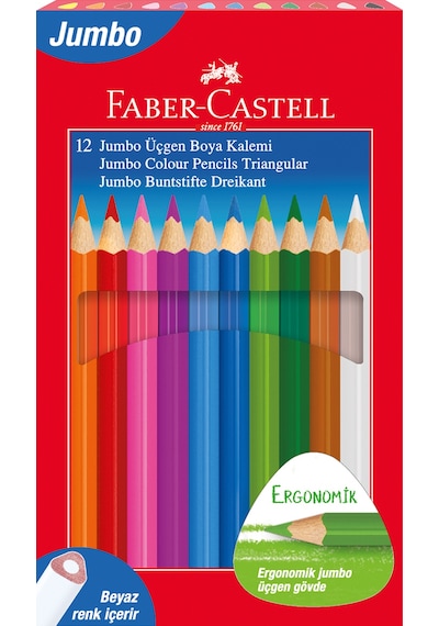 Faber-Castell Jumbo Üçgen Boya Kalemi, 12 Renk, Ergonomik Gövde, Beyaz Renk İçerir, Kalın Uçlu