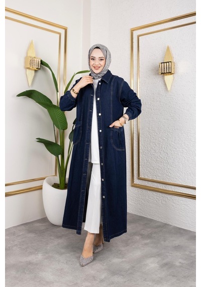 Harman Butik Kadın Düğmeli Cepli Kar Yıkamalı Denim Kot Kap Lacivert Lacivert