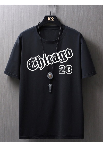 Chicago 23 T-shirt - Siyah Baskılı Oversize Bisiklet Yaka Kısa Kol Tişört Siyah