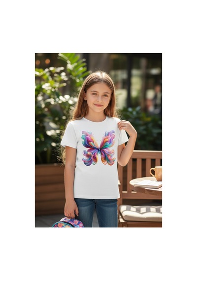 Urbantrendstore Kelebek Baskılı Unisex Kız Çocuk Erkek Çocuk Bisiklet Yuvarlak Yaka Basic Kısa Kollu %100 Pamuk Tişört Beyaz