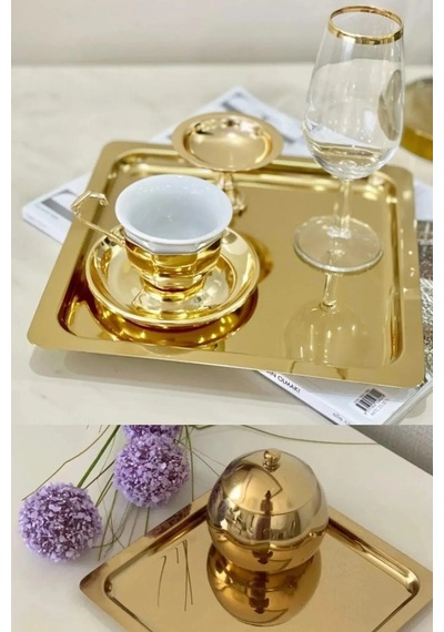 2 Li Gold Kare Paslanmaz Çelik Sunum Tepsisi 21x21 Cm Düz Çay Kahve Pasta Tatlı Servis Tepsisi Seti Altın