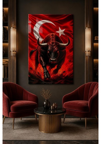 Türk Bayraklı Kızgın Boğa Baskılı Cam Tablo Uv Baskı Dekoratif Duvar Tablosu