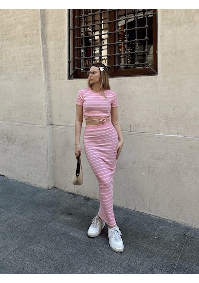 Kazax Çizgili Etekli Takım Pembe S3609 Pembe