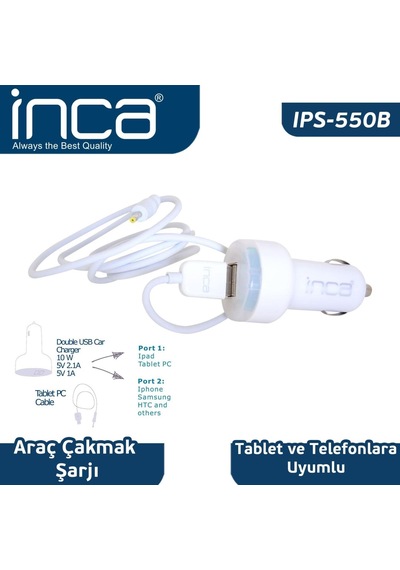 Inca Ips-550B Univarsal Tablet Uyumlu Araç Şarj Cihazı Beyaz