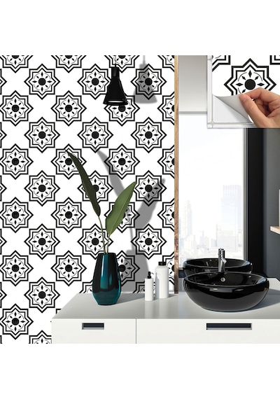 Tink Zemin Duvar Sticker Siyah Selçuklu Yıldızı Desenli 30x30 Cm 4 Adet 0,36 M²