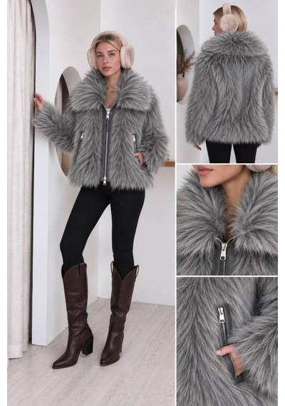 Moda Banuş Deri Garnili Lolita Kürk Gri