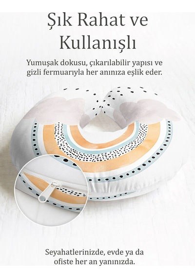 Pastel Gökkuşağı Bulut Desenli Ergonomik Boyun Yastığı - Modern Çizgili Sarı Mavi Seyahat Yastığı Canlı Kumlu Pas