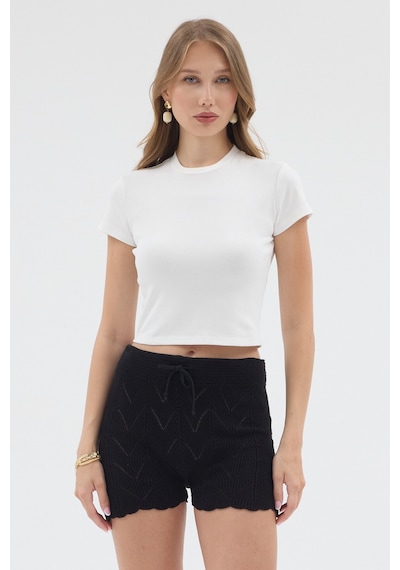 Urbantrendstore Kadın Bisiklet Yaka Likralı Kısa Kol Body Crop Bluz Günlük Şık Sade Yazlık Casual Crop Kadın Crop Beyaz