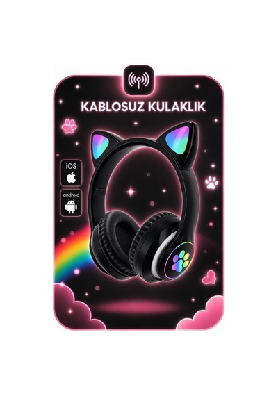 Çanta Eğitim Ders Bluetooth Kulaklık Kulak Üstü Kedi Tasarımlı Kablosuz Kulaklık Hd90 Siyah