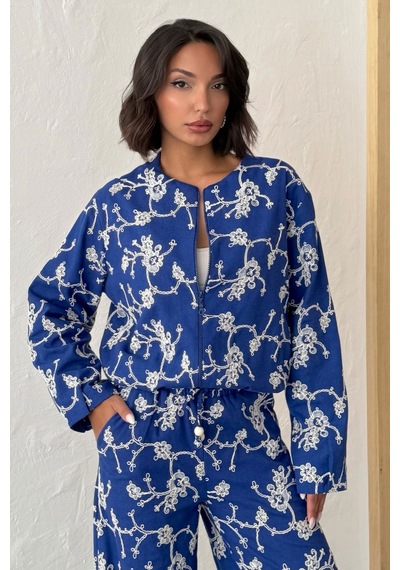 Verymoda Çiçek Nakışlı Fermuarlı Ceket F1948 Saks