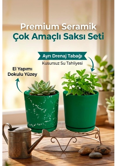 Newme 2'li Seramik Saksı Kalemlik,fırçalık,masa Organizeri / Modern Dekoratif El Yapımı Tasarım Yeşil