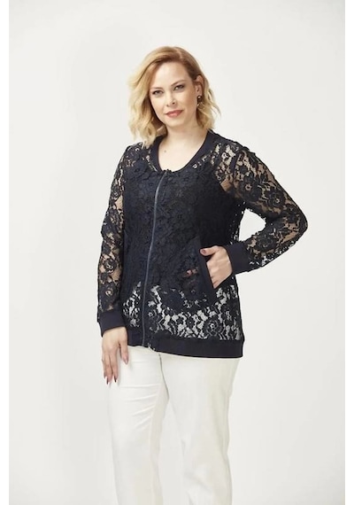 Moda Berray 4030 Dantel Fermuarlı Büyük Beden Ceket Lacivert Lacivert
