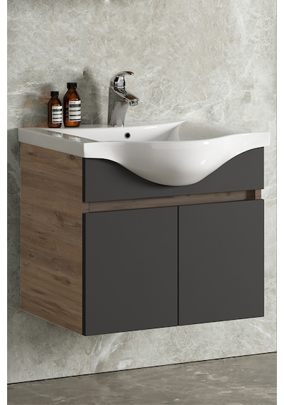 65 Cm Atlantik Çam-Antrasit Gri Mat Mdf Lavabolu Banyo Alt Dolabı Antrasit - Atlantik Çam