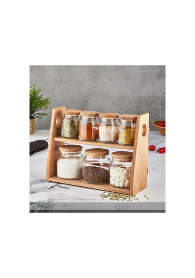 8 Parça Bambu Standlı Cam Baharatlık Seti Baharat Saklama Kabı Baharatlık Cam Kavanoz Takım Şeffaf Şeffaf