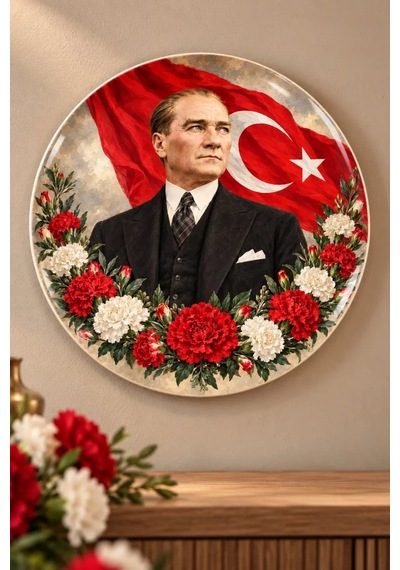 Dekoratif Duvar Tabağı Atatürk, Bayrak Ve Çiçekler Dekorlu Seramik Tabak Kahverengi