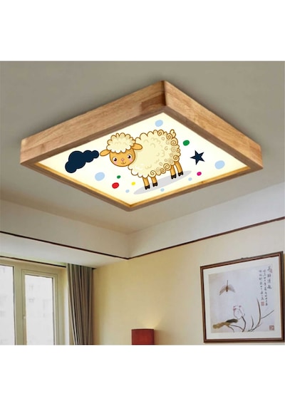 Ahşap Çerçeve Tavan Led Aydınlatma Avize 60X60Cm Kids Kuzu Beyaz