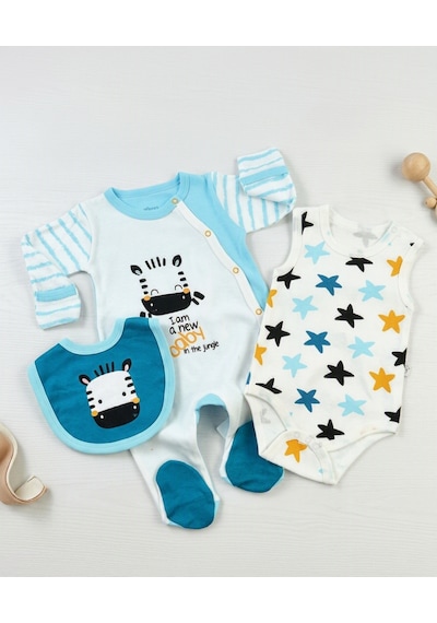 İmaj İmajbebe Zebra Desenli Kendinden Eldivenli 3'lü Bebek Takımı 0-3 Ay - 56 Cm Mavi