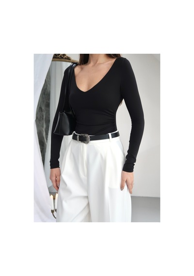 Paw Garage Kadın V Yaka Polyamid Bodysuit Sıyah