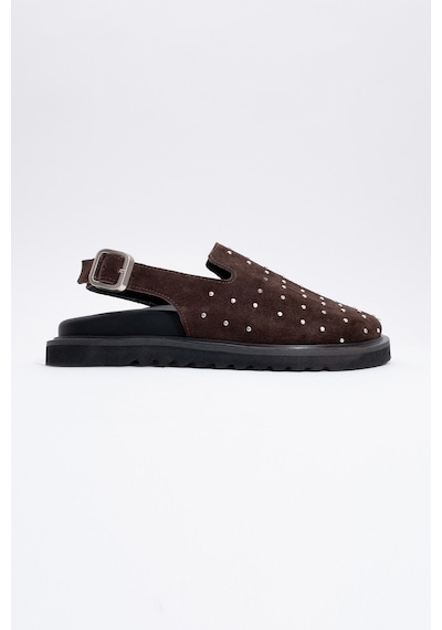 Luvishoes Our Kahverengi Hakiki Deri Süet Zımbalı Burnu Kapalı Kadın Sandalet Kahverengi
