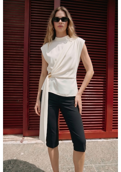 Sateen Kuşak Detaylı Aksesuarlı Bluz - Ekru-137614