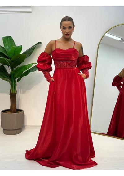 E&a Eren Abiye Askılı Seyyar Kol Boncuk İşlemeli Saten Abiye Kırmızı