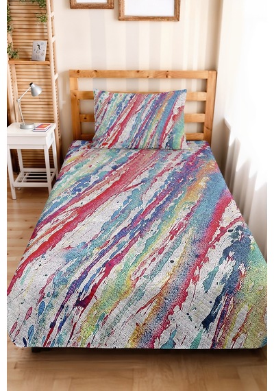 Renkli Modern Genç Odası Tek Kişilik Pike Takımı - Soyut Mavi Pembe 160x220 Cm Kapitone Yatak Örtüsü Kırsal Nehir Pususu