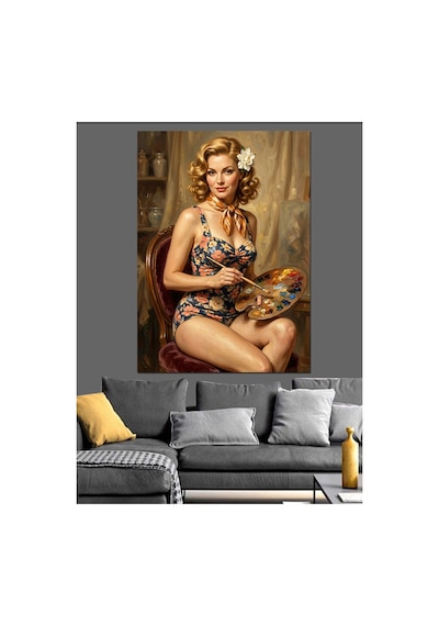 Resim Yapan Retro Mayolu Kadın Yağlı Boya Dokulu Kanvas Tablo Canvas Tablosu