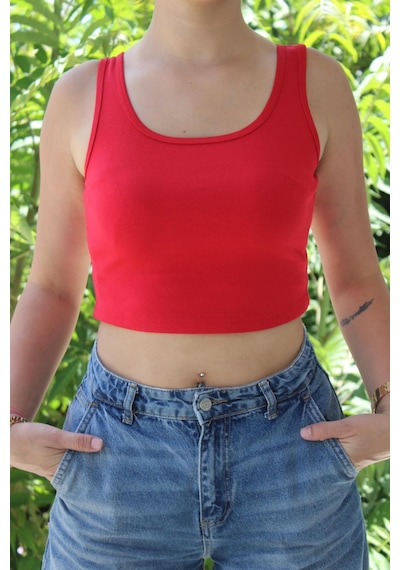 Afri Kadın Kırmızı Basic Ribana Atlet Crop Likralı Spor Üst Kırmızı