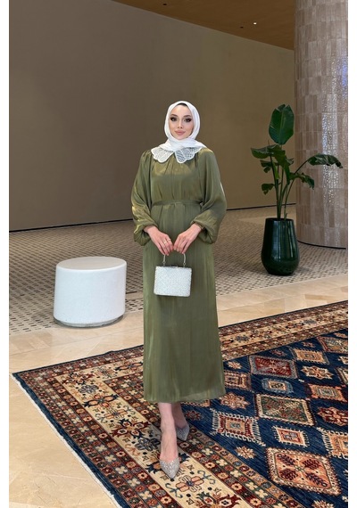 Riella Butik Dantel Yakalı Zarif Tesettür Elbise Haki