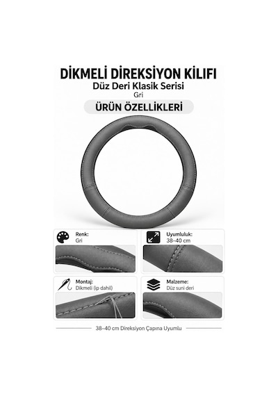 Trobus Renault Kangoo 2024 Ve Sonrası Uyumlu Dikmeli Direksiyon Kılıfı Düz Deri Klasik Gri