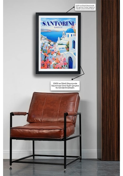 Travel Seri-e Santorını Kafe Salon Oturma Odası Siyah Çerçeveli Poster Tablo