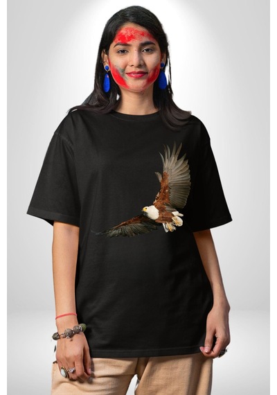 Kartal Özgürlük Pamuklu Bisiklet Yaka Unisex Oversize Boyfriend Dijital Baskılı Siyah T-shirt Siyah