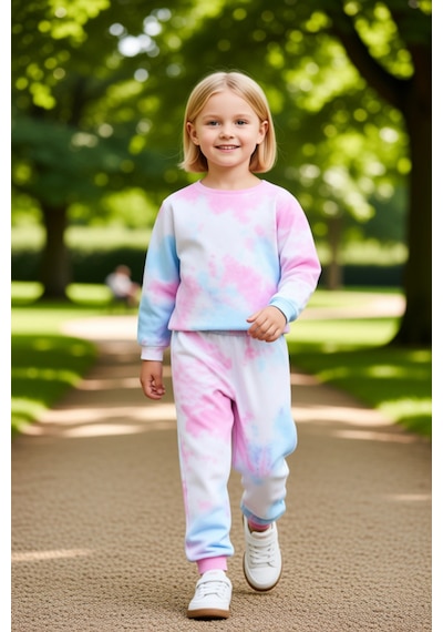 Frm Kız Çocuk %100 Pamuklu Batik Desenli Sweatshirt Ve Eşofman Altı T Pembe