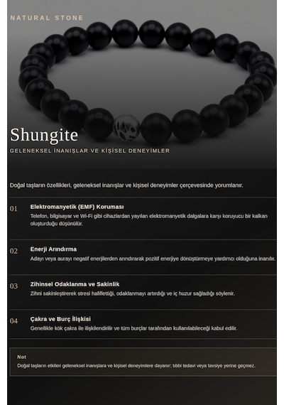 8mm Hakiki Şungit Shungite Doğal Taş Bileklik - Emf Koruması Alpaka Ara Aparatlı Siyah