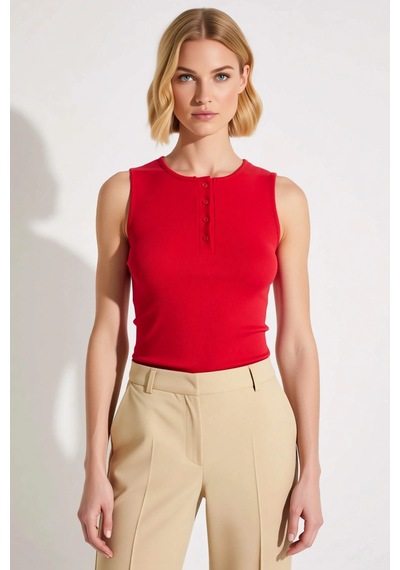Benerly Kadın Bluz Fitted Crop Bisiklet Yaka Kolsuz Düğmeli Fitilli Örme Kırmızı