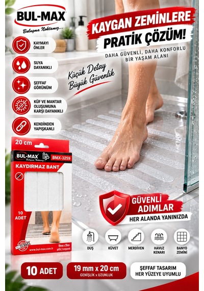 Şeffaf Kaydırmaz Bant 10 Adet 19 Mm X 20 Cm Kendinden Yapışkanlı Suya Dayanıklı Banyo Duş Küvet Band