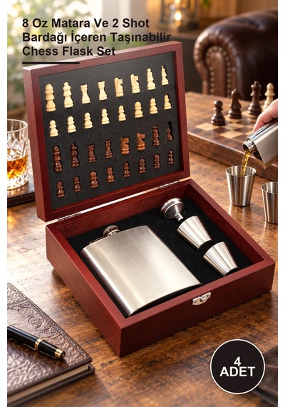 4 Adet Ahşap Kutulu Satrançlı Matara Seti 8 Oz Matara Ve 2 Shot Bardağı İçeren Taşınabilir Chess Flask Set