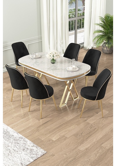 Canisa Lai Serisi 90x168 Lak Panel Beyaz Mermer Desen Gold Ayak Masa Takımı 6 Siyah Sandalye Beyaz Mermer Desen Masa Sandalyeler Siyah Canisa Lai Serisi 90x168 Lak Panel Beyaz Mermer Desen Gold Ayak Masa Takımı 6 Siyah Sandalye Beyaz Mermer Desen Masa Sandalyeler Siyah
