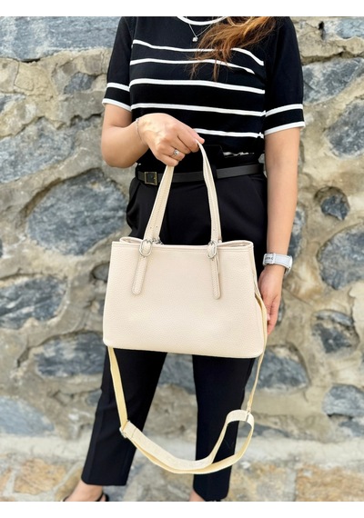 Just Polo Kadın Orijinal Just Polo Yumuşak Deri Ayarlanabilir Askılı Lüks El & Omuz Çantası Shoulder Bag Krem