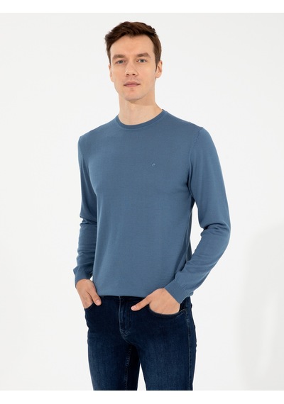 Cacharel Mavi Slim Fit Bisiklet Yaka Basic Triko Kazak
