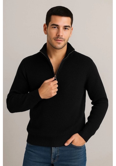 Efnaz Style Erkek Yarım Fermuarlı Triko Kazak Selanik Örgü, Dik Yaka, Pamuklu Dokuma, Regular Fit Uzun Kollu Kışlık Model - Siyah