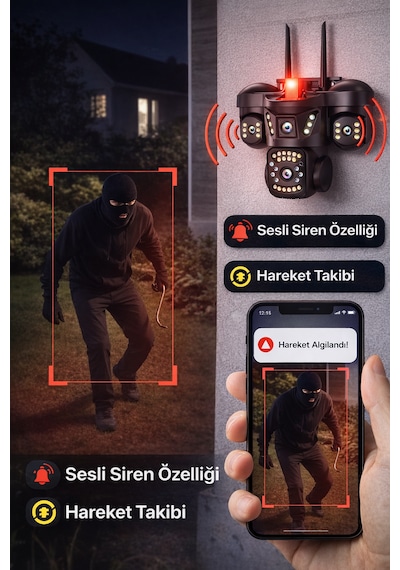3 Kameralı Wifili Gece Görüşlü Su Geçirmez Hareket Sensörlü Güvenlik Kamerası