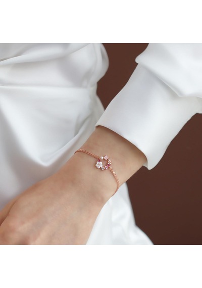 İnci Ve Çiçek Motifli Rose Gold Kaplama Gümüş Bileklik Gümüş