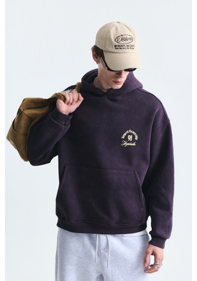 Vamos Boxy Fit Yazılı Kapüşonlu Sweatshirt Mürdüm