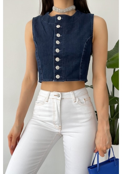 Femelle Kadın Denim Düğmeli Crop Kot Kolsuz Bluz Mavi