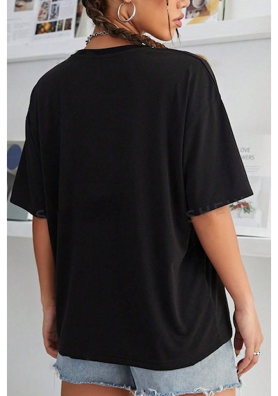 Uyguntarz Unisex Looking Baskılı Oversize %100 Pamuk T-shirt Siyah