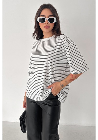 Noa & Noa Kadın Oversize Çizgili Tişört Monochrome Ease Beyaz