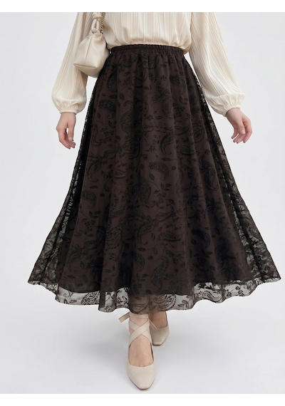 Nevayla Moda Flok Tül Çiçek Desenli Etek - Kahverengi / A0107