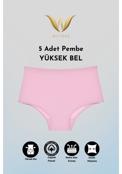 Wcreas Yüksek Bel Pamuklu Kadın Külot, 5'li Paket Pamuklu Yumuşak Kumaş Kadın Külot Pembe
